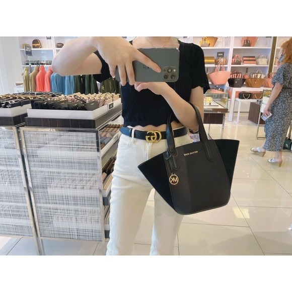 MICHAEL KORS PORTIA Small Tote Black Pebbled Leather & Suede NWT 35F1GPAT1S NWT - Picture 11 of 12